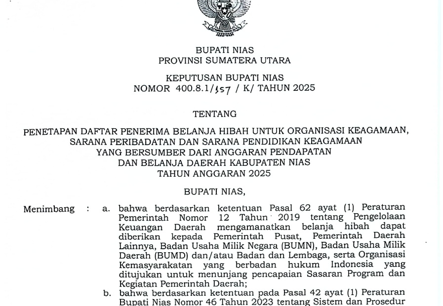 Keputusan Bupati Nias tentang Penerima Bantuan Hibah APBD Tahun 2025
