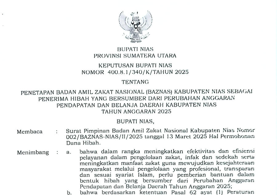 Keputusan Bupati Nias tentang Penerima Bantuan Hibah P- APBD Tahun 2025