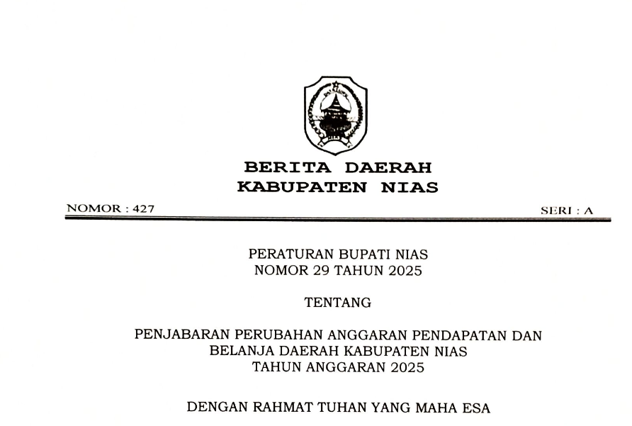 Informasi Peraturan Bupati Nias Nomor 29 Tahun 2025 tentang Penjabaran Perubahan APBD Tahun Anggaran 2025