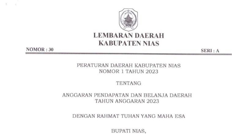 Informasi Peraturan Daerah  Kabupaten Nias Nomor 1 Tahun 2023 tentang APBD TA 2023