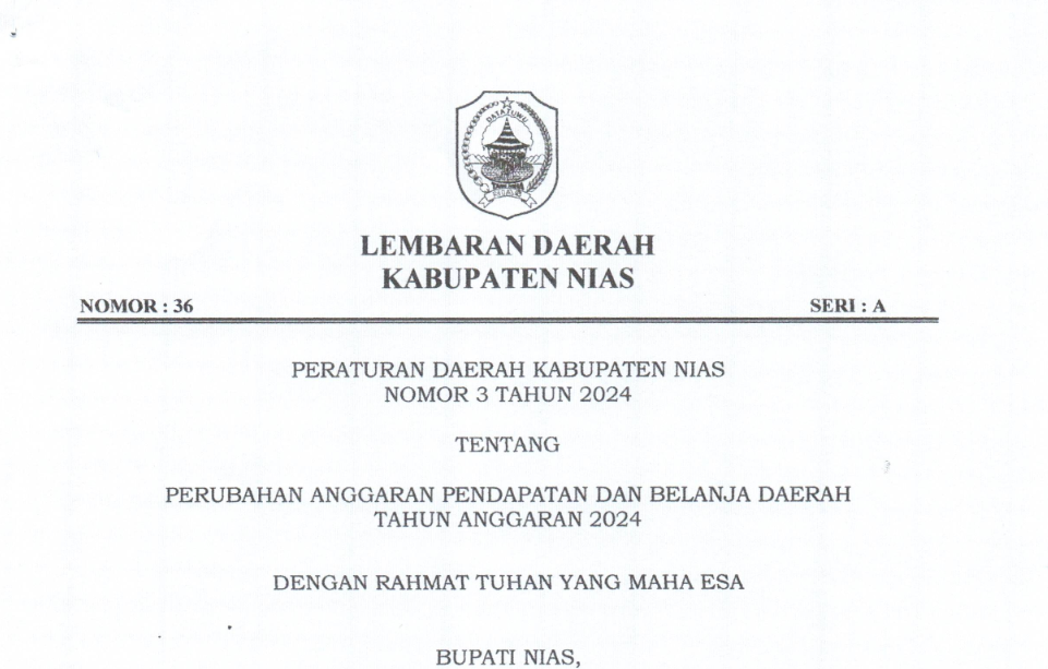 Informasi Peraturan Daerah Kabupaten Nias Nomor 3 Tahun 2024 tentang PAPBD Tahun Anggaran 2024