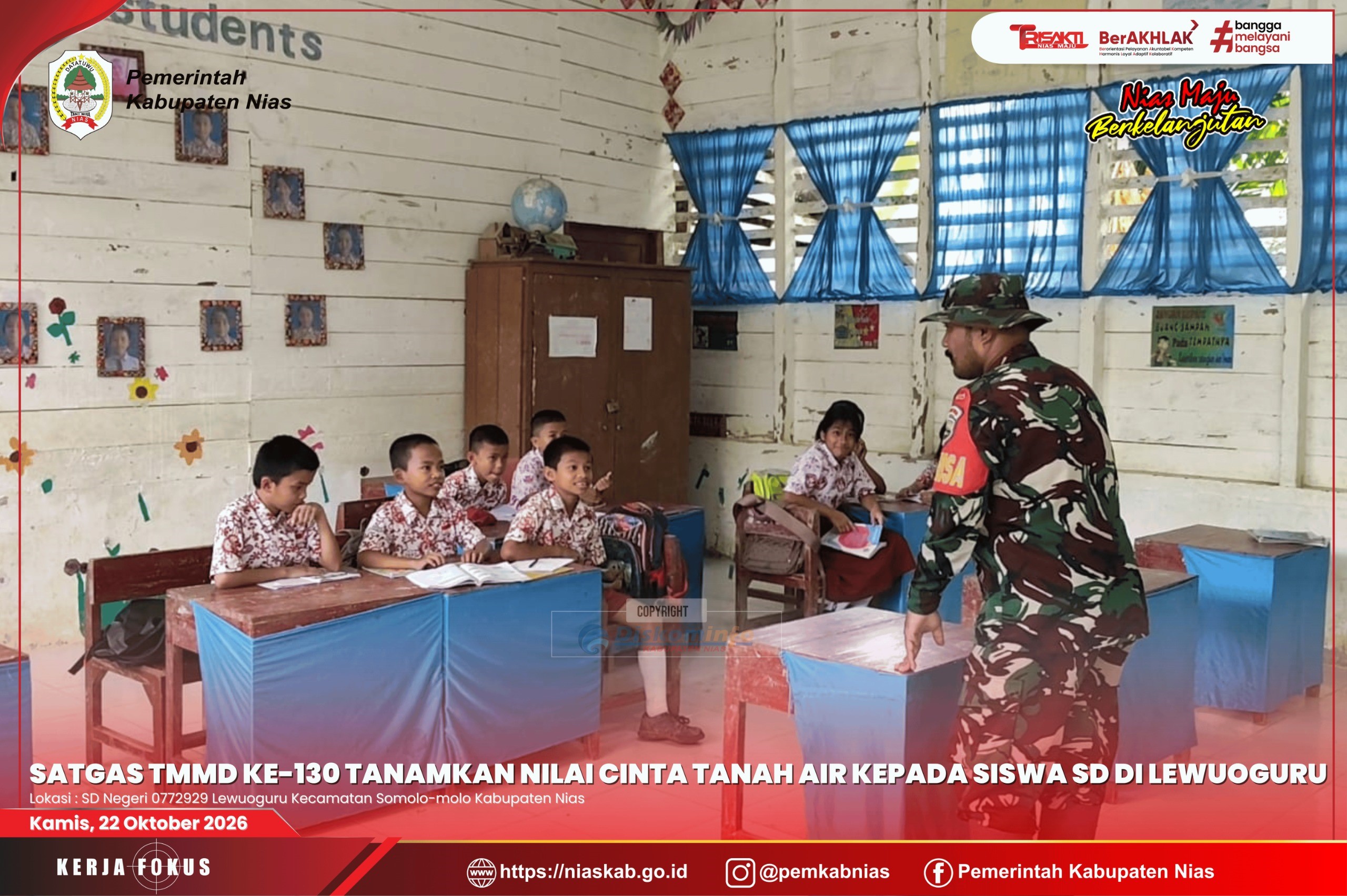 Satgas TMMD ke-130 Tanamkan Nilai Cinta Tanah Air kepada Siswa SD Negeri 0772929 Lewuoguru