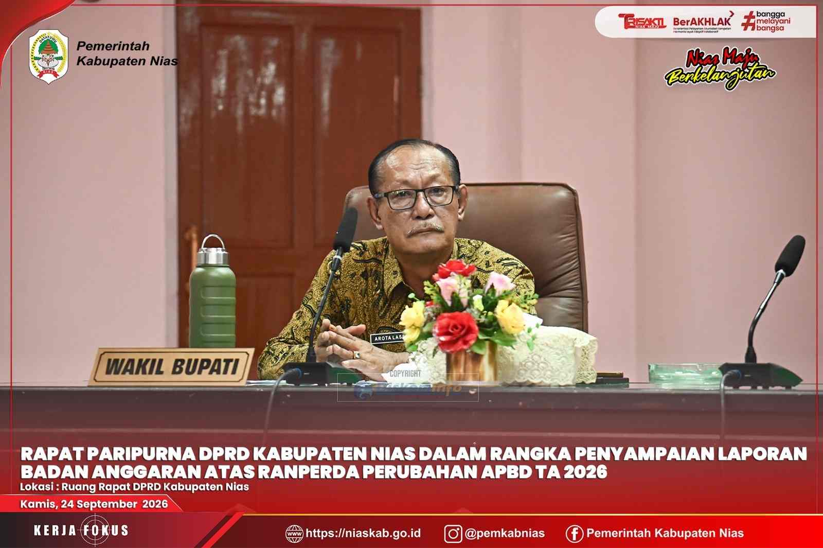 WAKIL BUPATI NIAS HADIRI RAPAT PARIPURNA DPRD DALAM RANGKA PENYAMPAIAN LAPORAN BADAN ANGGARAN ATAS RANPERDA PERUBAHAN APBD TAHUN ANGGARAN 2026