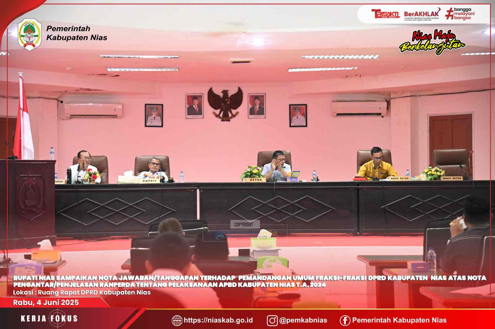 BUPATI NIAS SAMPAIKAN NOTA JAWABAN/TANGGAPAN TERHADAP  PEMANDANGAN UMUM FRAKSI-FRAKSI DPRD KABUPATEN  NIAS ATAS NOTA PENGANTAR/PENJELASAN RANPERDA TENTANG PELAKSANAAN APBD KABUPATEN NIAS T.A. 2024