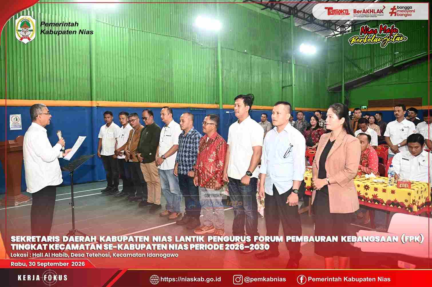 SEKRETARIS DAERAH KABUPATEN NIAS LANTIK PENGURUS FORUM PEMBAURAN KEBANGSAAN (FPK) TINGKAT KECAMATAN SE-KABUPATEN NIAS PERIODE 2026–2030