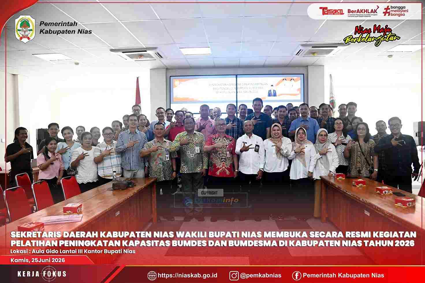 SEKRETARIS DAERAH KABUPATEN NIAS MEWAKILI BUPATI NIAS MEMBUKA SECARA RESMI PELATIHAN PENINGKATAN KAPASITAS PENGELOLA BUMDESA DAN BUMDESMA DI KABUPATEN NIAS