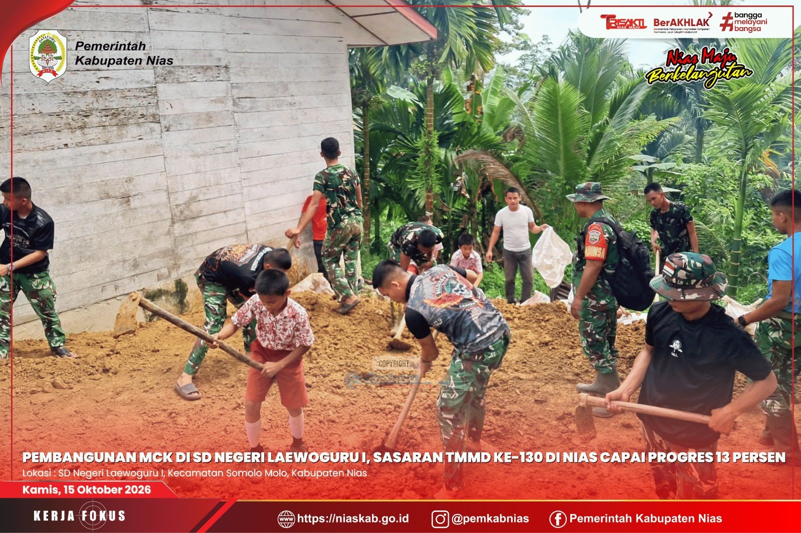 Pembangunan MCK di SD Negeri Laewoguru I melalui Program TMMD ke-130 Kodim 0213/Nias Capai Progres 13 Persen