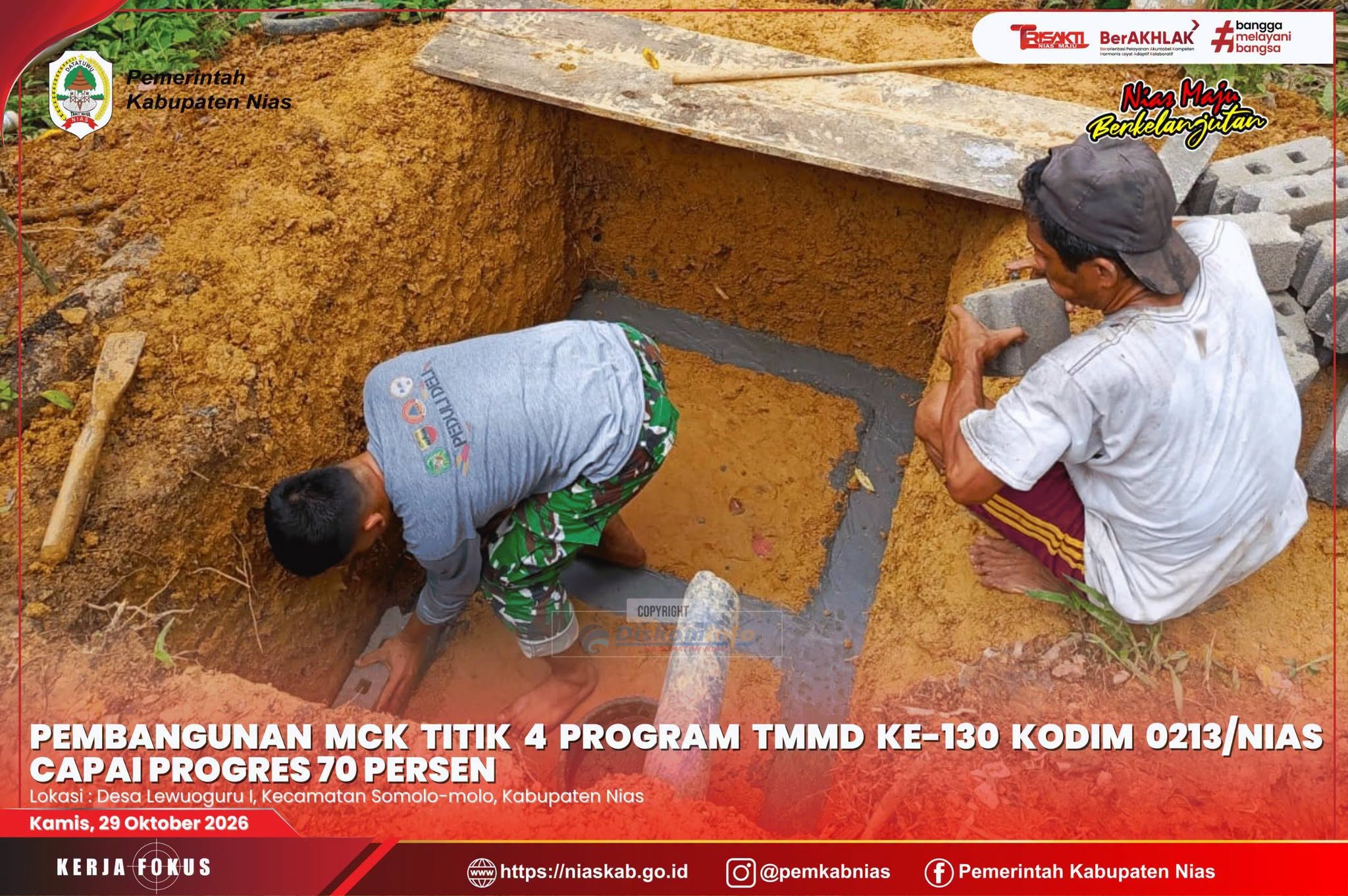 Pembangunan MCK Titik 4 Program TMMD ke-130 Kodim 0213/Nias Capai Progres 70 Persen