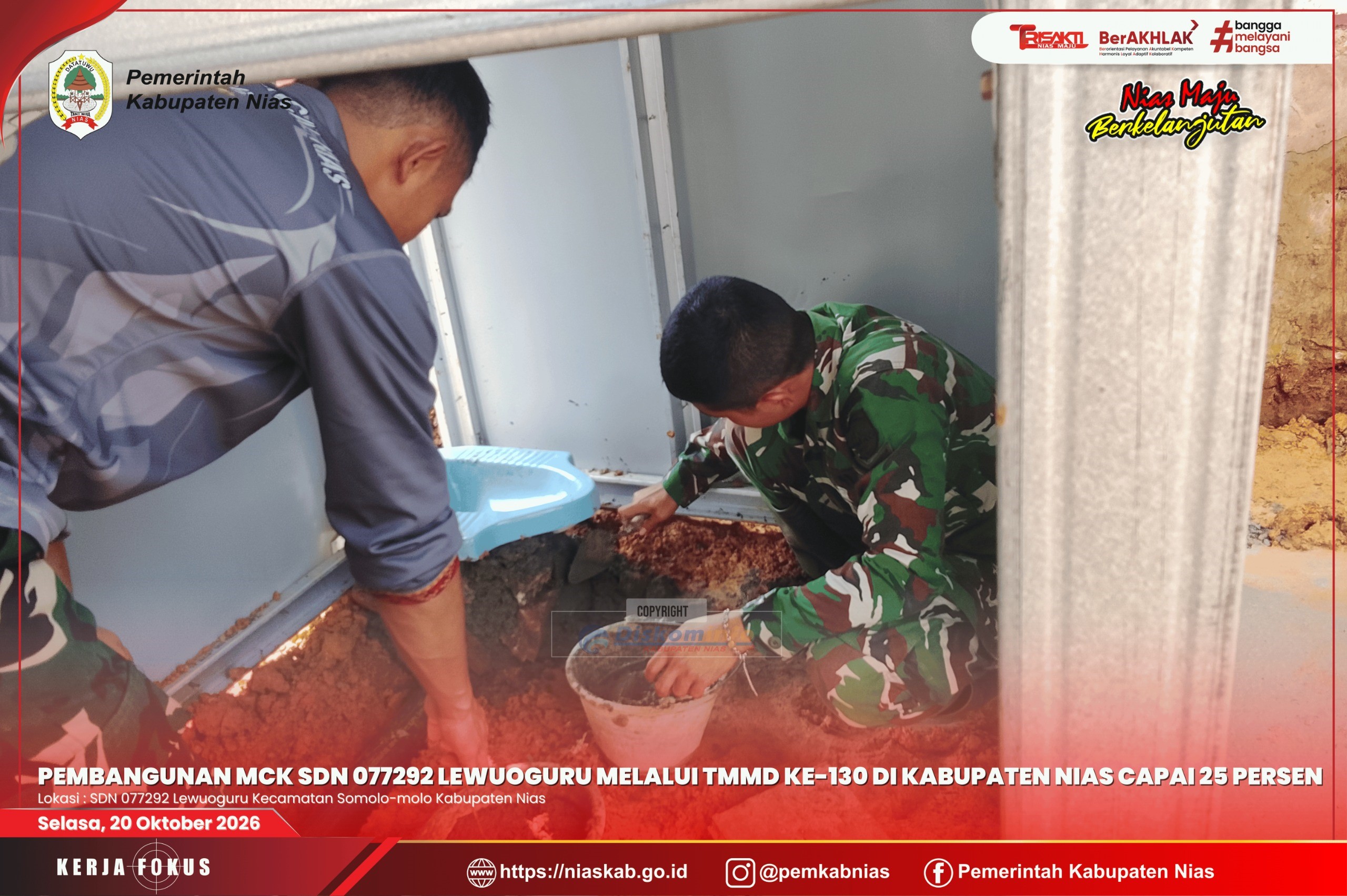 Pembangunan MCK SDN 077292 Lewuoguru melalui TMMD ke-130 di Kabupaten Nias Capai 25 Persen