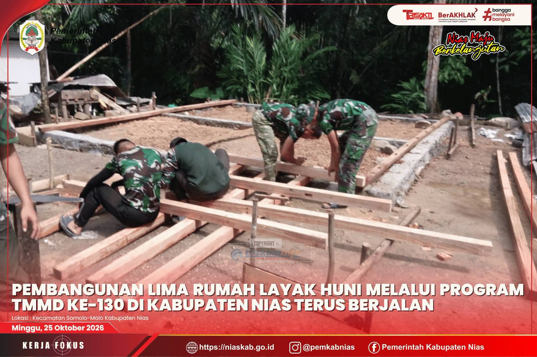Pembangunan Lima Rumah Layak Huni melalui Program TMMD ke-130 di Kabupaten Nias Terus Berjalan