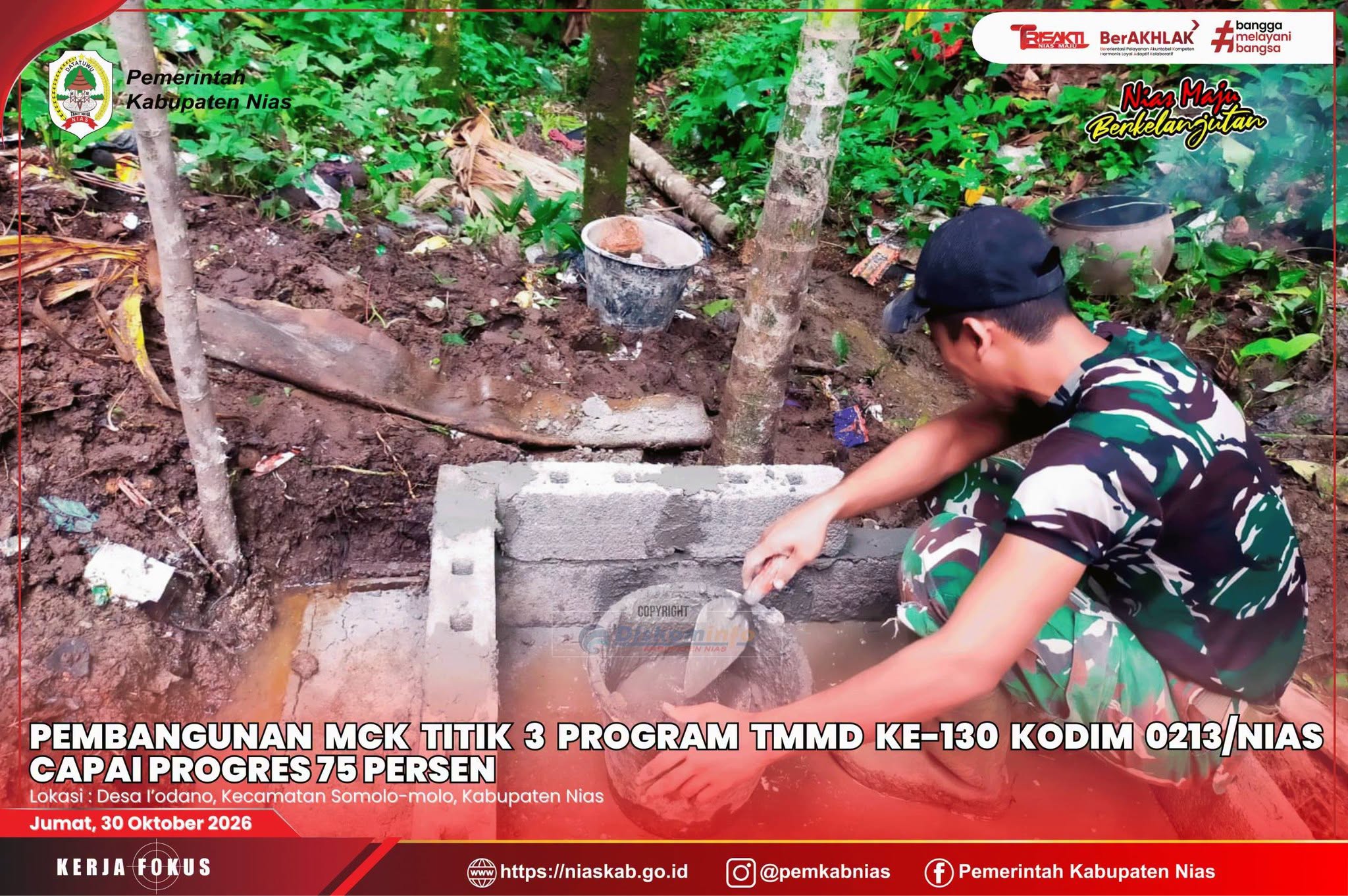 Pembangunan MCK Titik 3 Program TMMD ke-130 Kodim 0213/Nias Capai Progres 75 Persen