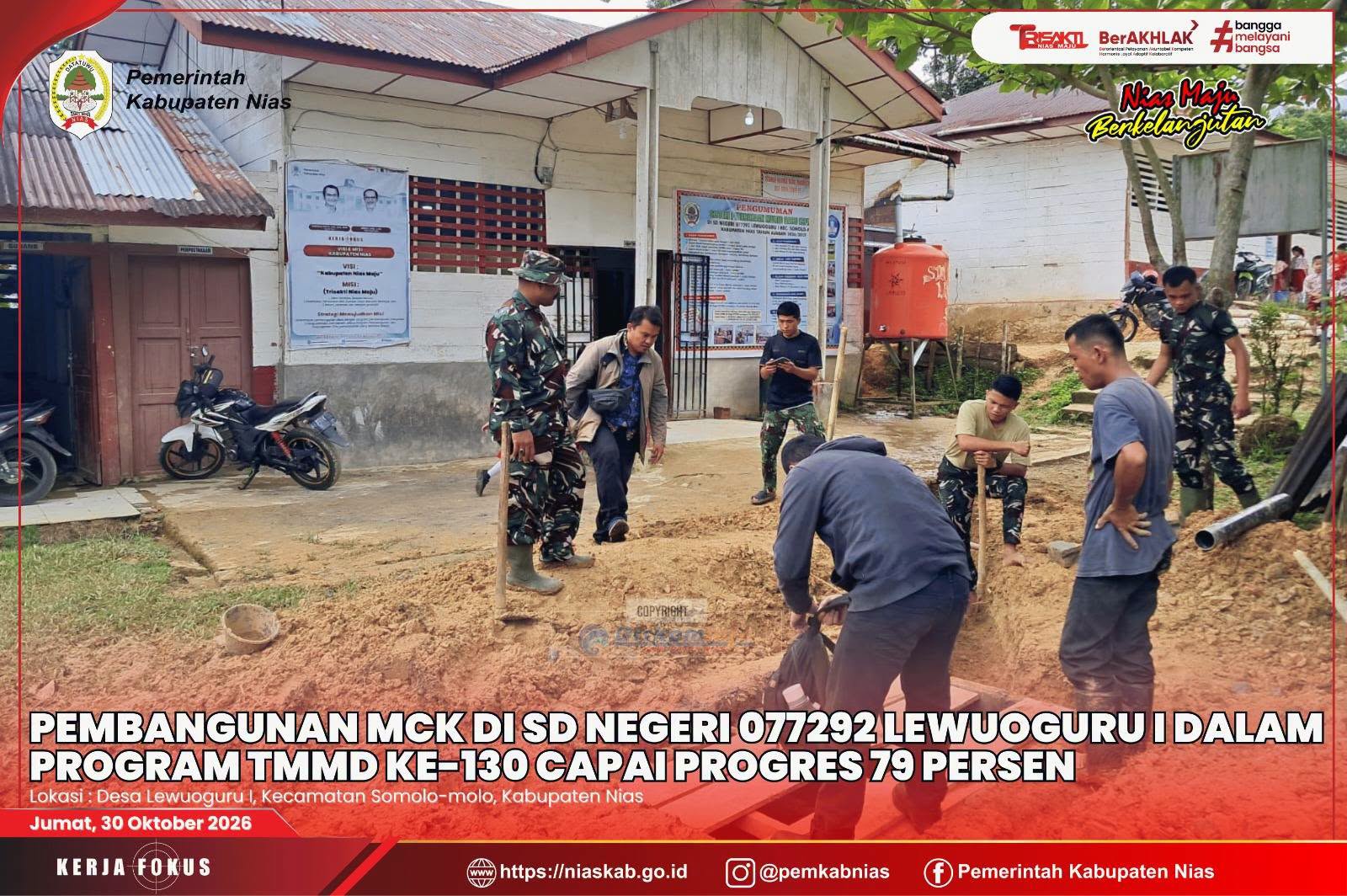 Pembangunan MCK di SD Negeri 077292 Lewuoguru I dalam Program TMMD ke-130 Capai Progres 79 Persen