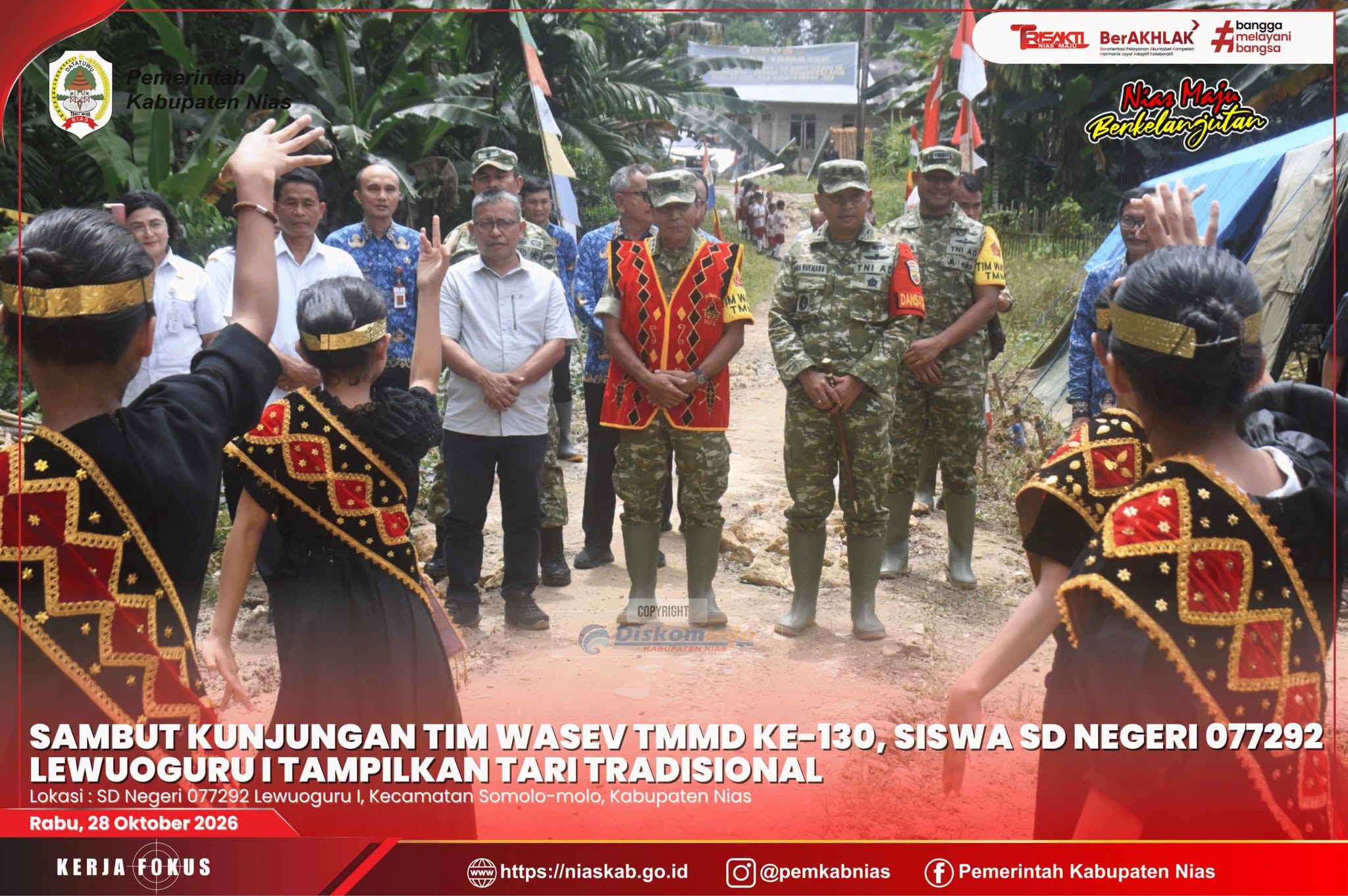 Sambut Kunjungan Tim Wasev TMMD ke-130, Siswa SD Negeri 077292 Lewuoguru I Tampilkan Tari Tradisional
