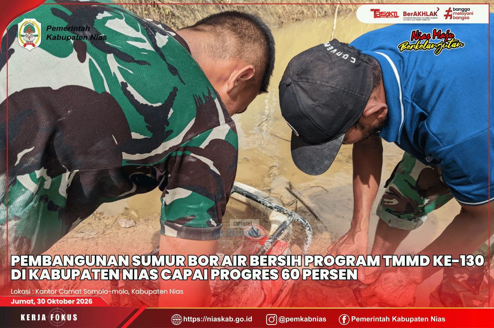 Pembangunan Sumur Bor Air Bersih Program TMMD ke-130 di Kabupaten Nias Capai Progres 60 Persen